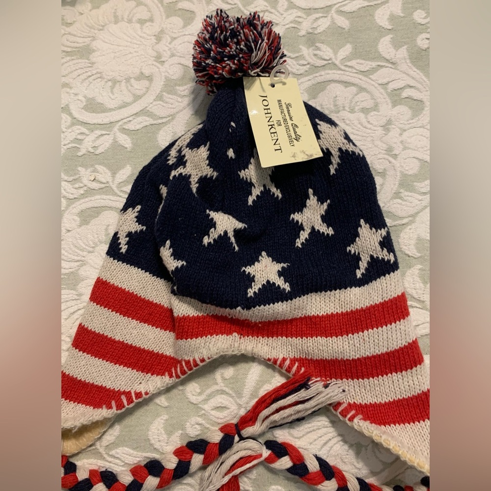 John Kent Patriotic Winter Beanie with Braided Tie Tassles.  One size